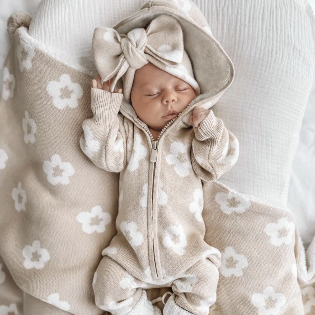 Flower Knit Hooded Romper